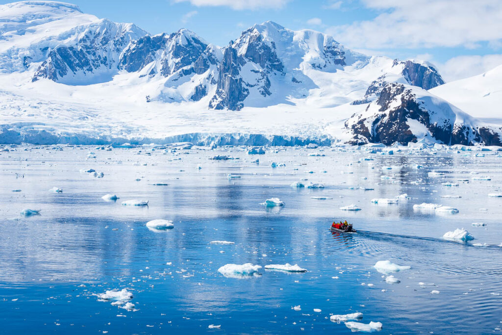 Zodiac in calm waters at the yalour islands Antarctica.