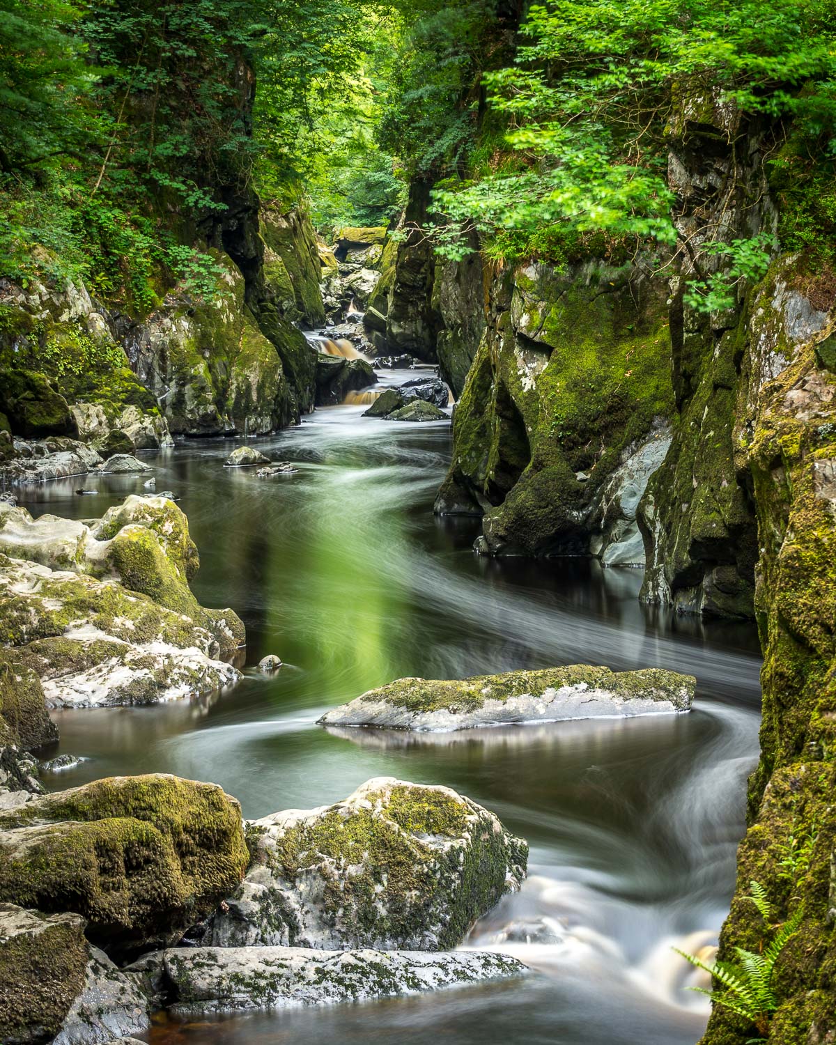 Long exposure of water flowing through a small, green rocky valley.