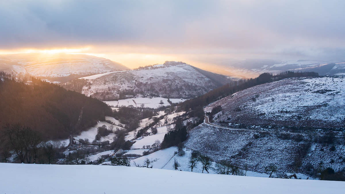Sunrise from the horseshoe pass with a light dusting of snow.