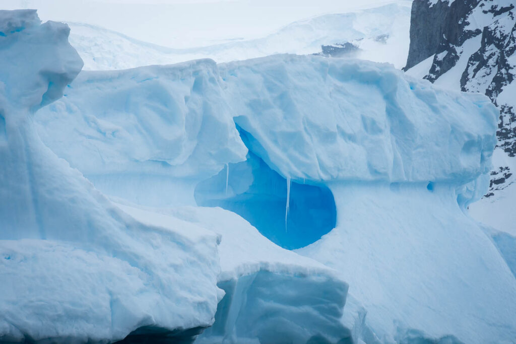 An icicle on the iceberg structure in Antarctica.