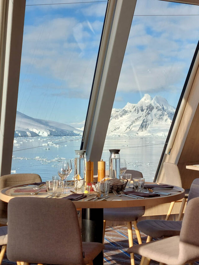 Aune restaurant table at dinner on Highlights of Antarctica cruise.