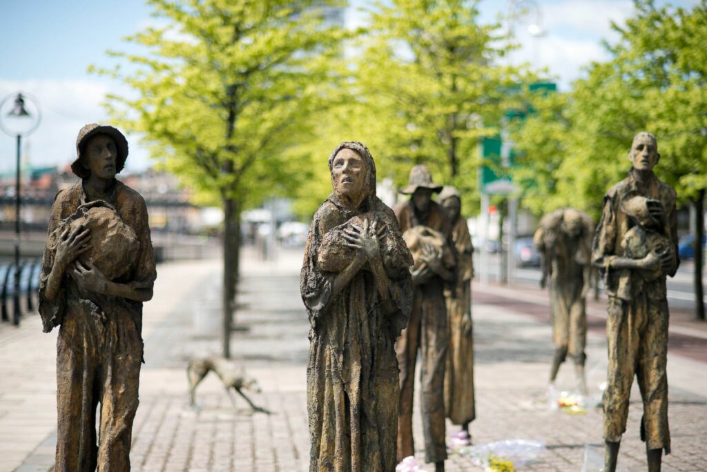 Bronze sculptures depicting Ireland's Great Famine along Dublin's city streets.