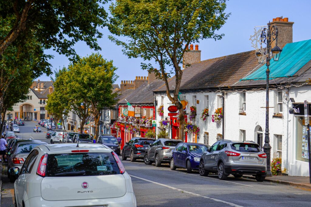 A vibrant street scene in Malahide, County Dublin, showcasing historic architecture and vibrant flowers.
