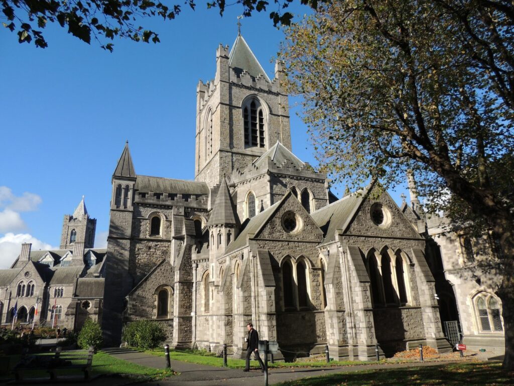 Gothic architecture of Christ Church Cathedral in Dublin on a sunny day.
