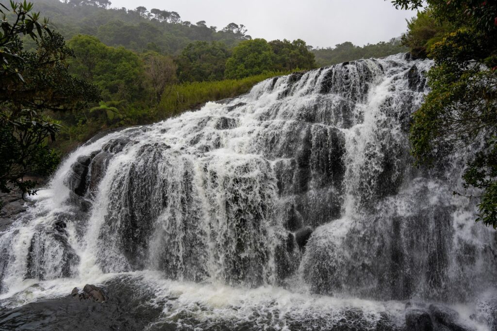 Breathtaking view of a cascading waterfall surrounded by lush greenery in Sri Lanka's Central Province.