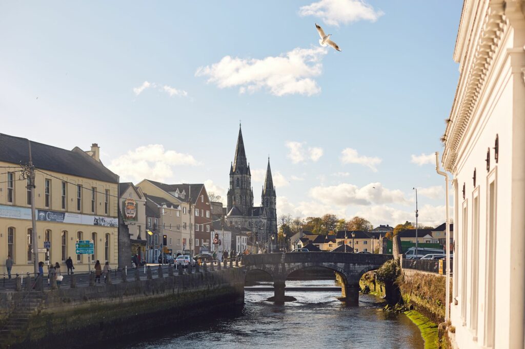 A beautiful scenic view of Cork City featuring a river, bridge, and cathedral on a sunny day.
