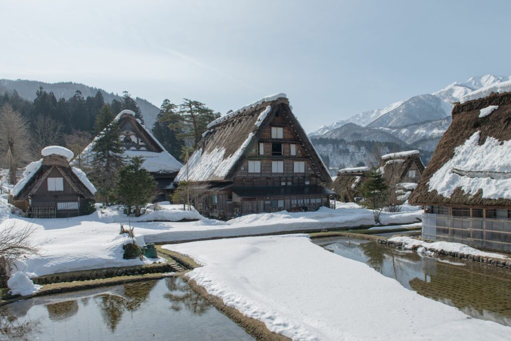 Snow-covered traditional Gassho-Zukuri houses in Shirakawa-go, Japan during winter.