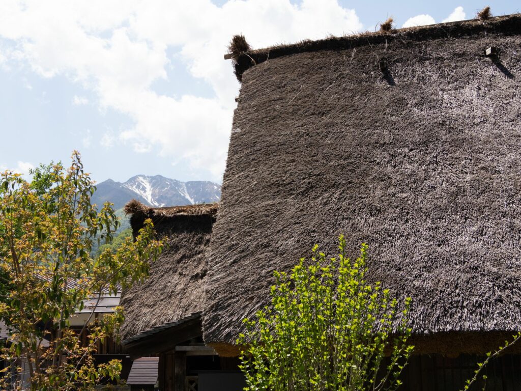 Close-up of a traditional thatched Gassho-zukuri roof in Shirakawa-go, Japan.