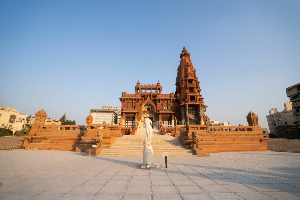 Stunning view of the historical Baron Empain Palace in Cairo, showcasing its Hindu-inspired architecture.