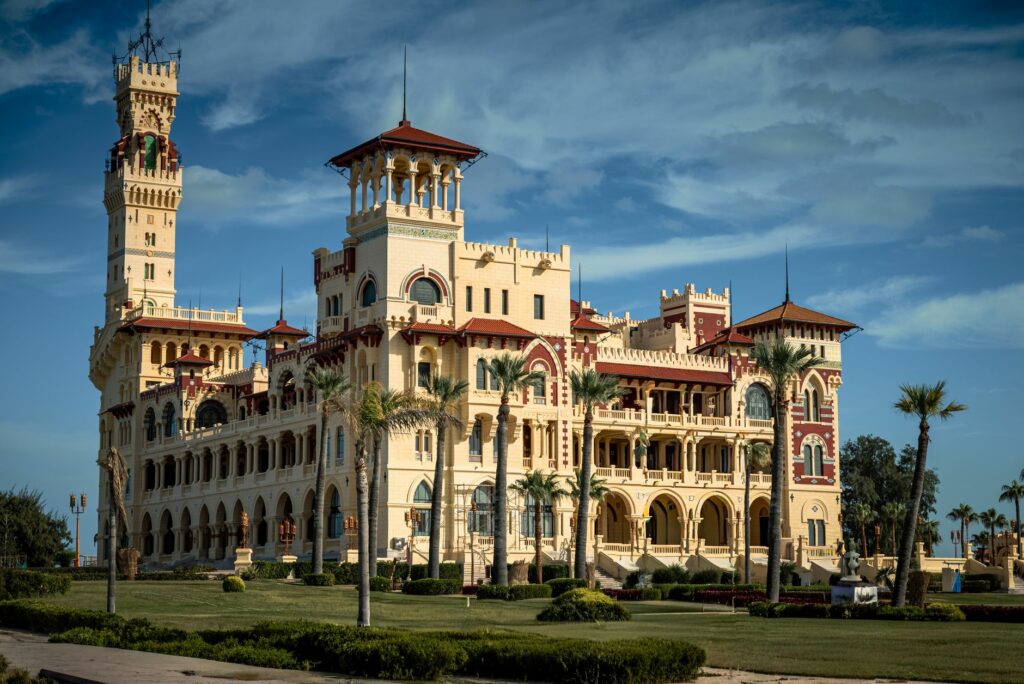 Stunning view of Montaza Palace in Alexandria, showcasing its exquisite architecture in daylight.