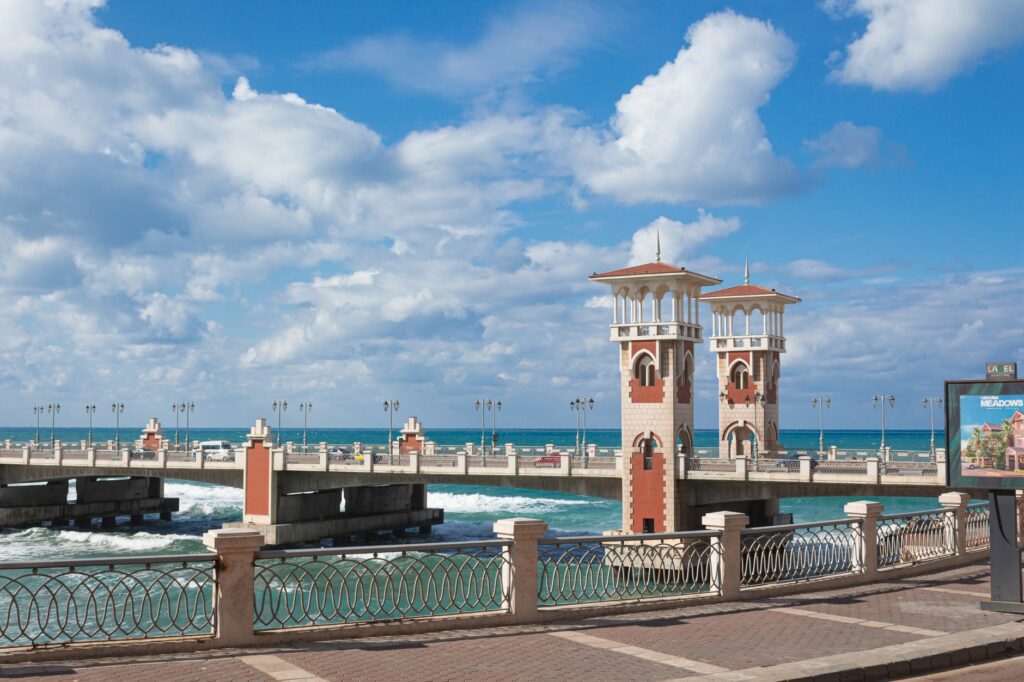Scenic view of Stanley Bridge overlooking the Mediterranean Sea, a famous landmark in Alexandria, Egypt.