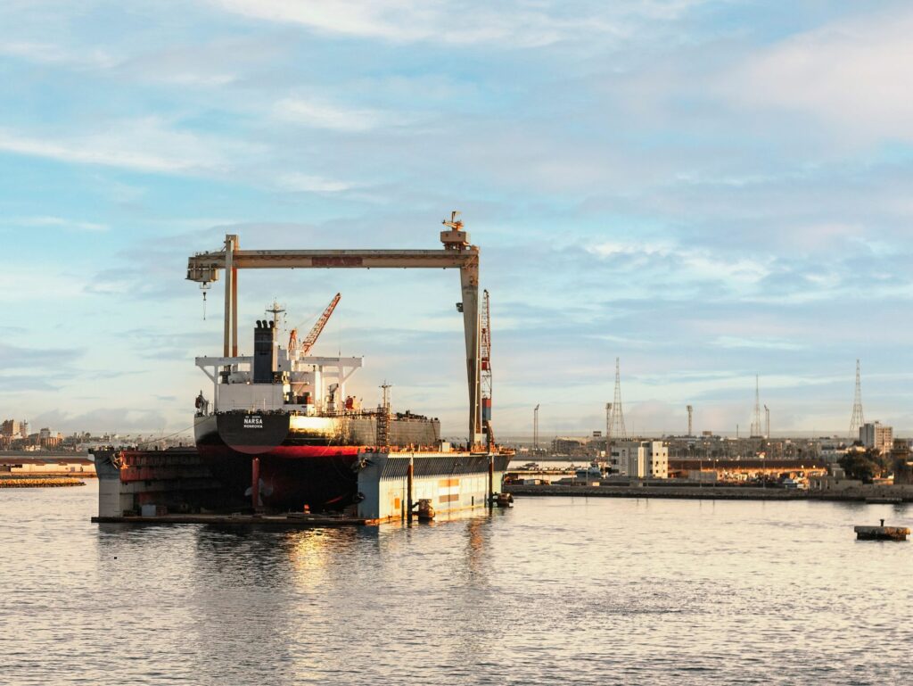 Large vessel in dry dock at Suez Canal shipyard, Suez, Egypt.